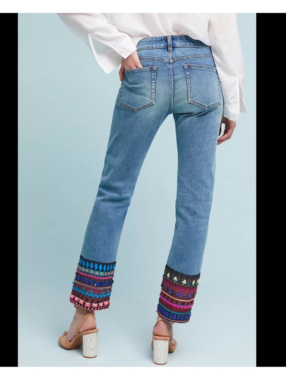 Anthropologie Straight Leg Embellished Cropped Jeans | Size 27 (US 8)